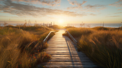 Golden Path: A Wooden Trail to the Ocean at Sunset. Generative AI