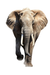 Fototapeta na wymiar an isolated African elephant front-view portrait, wildlife-themed, African savannah, photorealistic illustration on a transparent background cutout in PNG, Generative AI