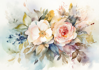 Watercolor romantic and beautiful flowers in bright background generative AI