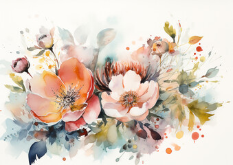 Watercolor romantic and beautiful flowers in bright background generative AI