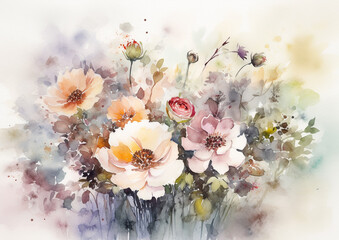 Watercolor romantic and beautiful flowers in bright background generative AI
