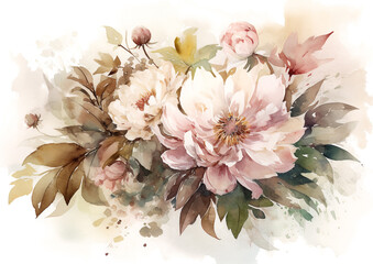 Watercolor romantic and beautiful flowers in bright background generative AI
