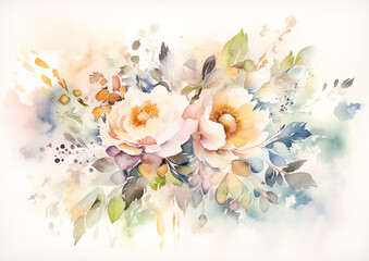 Obraz na płótnie Canvas Watercolor romantic and beautiful flowers in bright background generative AI