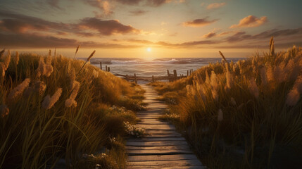 Golden Path to the Ocean: A Sunset Stroll. Generative ai