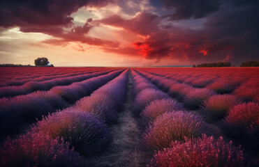 Lavender field with red cherry blossoms colors, English countryside, symmetrical arrangements, dramatic skies, joyful celebration of nature. Generative Ai. 