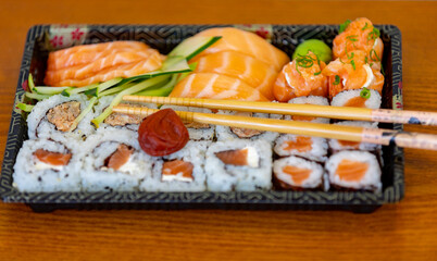 Traditional salmon sushi, typical Japanese food.