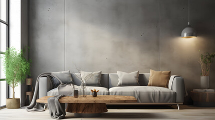 Naklejka na ściany i meble Modern interior design of apartment, living room with gray sofa over the concrete, stucco wall. Home interior.