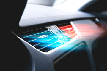 Dual climate control. Dual zone car air conditioning in action. Vehicle ventilation with hot and...