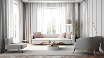 Modern interior design of cozy apartment, living room with white sofa, armchairs. Room with big window.