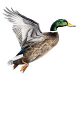 Obraz premium an isolated Mallard Duck(Anas platyrhynchos) in flight side view , preservation, Wildlife-themed, photorealistic illustration on a transparent background cutout in PNG. Generative AI