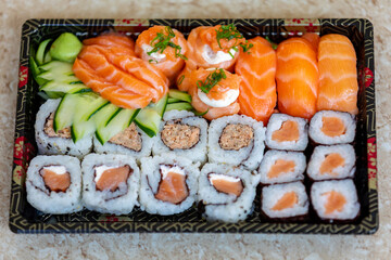 Traditional salmon sushi, typical Japanese food.