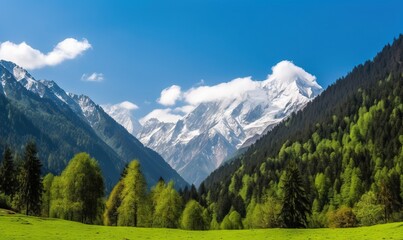 Fototapeta premium a mountain range with trees and grass in the foreground. generative ai