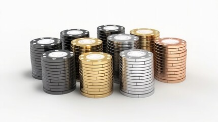 stacks of poker chips of different colors on a white background.