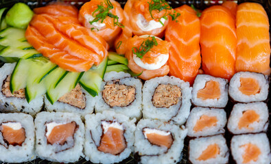 Traditional salmon sushi, typical Japanese food.