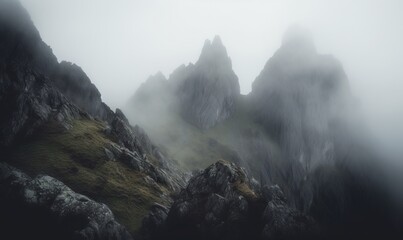  a foggy mountain landscape with rocks and grass in the foreground.  generative ai