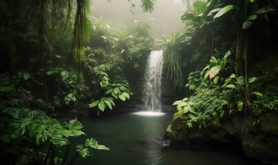  a waterfall in the middle of a lush green forest filled with trees.  generative ai