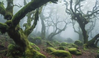  a forest filled with lots of green moss covered rocks and trees.  generative ai