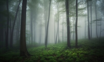  a foggy forest filled with lots of trees and grass.  generative ai