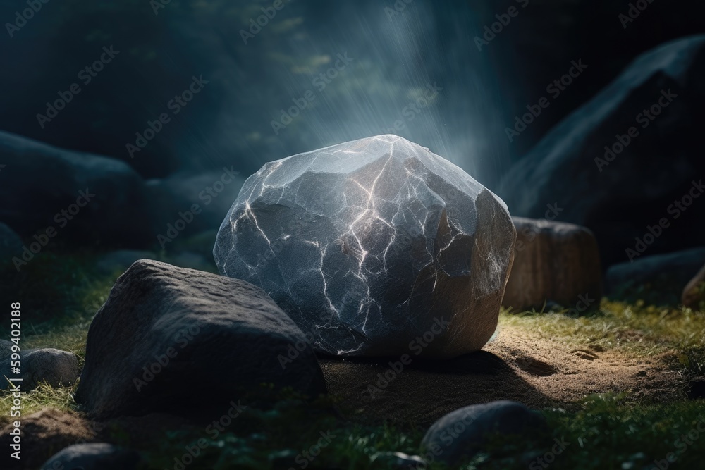 Sticker solitary large rock in the midst of a vibrant green landscape Generative AI