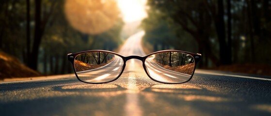 Road leading towards a bright light source seen through a pair of glasses, with a blurred background. Generative AI