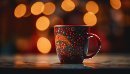 Obraz premium Hot coffee in rustic wood mug glows warmly generated by AI