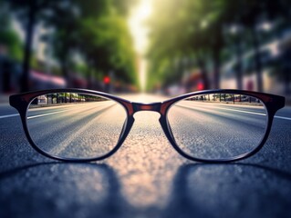 Road leading towards a bright light source seen through a pair of glasses, with a blurred background. Generative AI