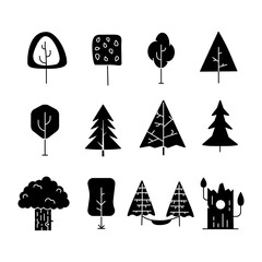 Simple silhouette tree icons collection. Line art trees. Stock linear symbols set