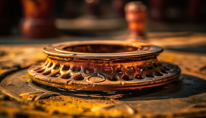 Rustic earthenware pottery with ornate metallic handle generated by AI