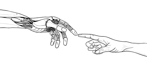 Coloring book page for adults. The human hand reaches for the robot's hand. Artificial intelligence, neural network, machine learning. Vector illustration.