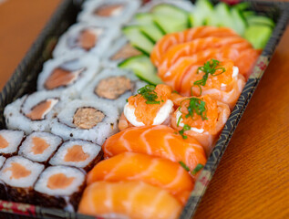 Traditional salmon sushi, typical Japanese food.