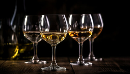 Luxury wine bottle collection on wooden table generated by AI