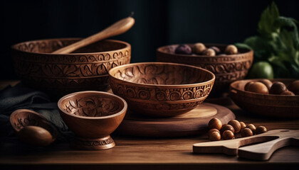 Earthenware bowl with fresh organic food decoration generated by AI
