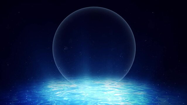 Copy space sphere on shine dark blue background with flicer small dots like oxygen.