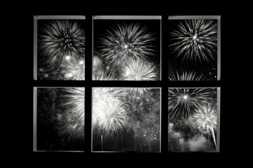 Bright fireworks are burning against a black background, a dark night time frame.