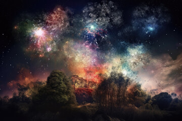 Fototapeta na wymiar Bright fireworks are burning against a black background, a dark night time frame.