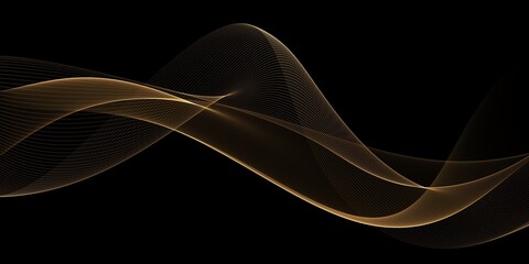 Wave lines smooth flowing dynamic gold gradient light isolated on black background