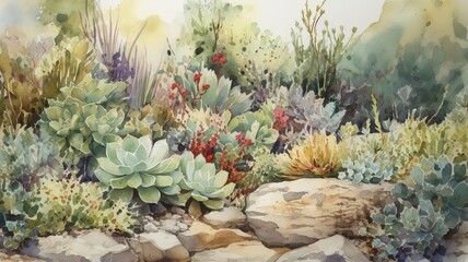 Succulent Serenity: A Watercolor Oasis of Desert Plants
