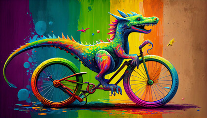 illustration new year cute multicolored dragon in santa claus hat riding a bike christmas and new year concept Generative AI