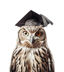 portrait of a wise graduate eagle owl wearing a graduation hat looking straight into the camera over a transparent background, isolated school, education or wisdom design element, generative AI - 599405147
