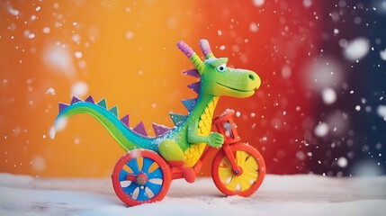 Fototapeta na wymiar illustration new year cute multicolored dragon in santa claus hat riding a bike christmas and new year concept Generative AI