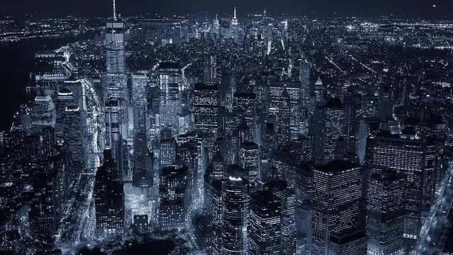 Cinematic Aerial View of Illuminated City Metropolis Buildings at Night Light