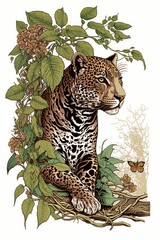 a Jaguar surrounded by rainforest flowers and foliage, on a white background, creating a beautiful vignette, perfect for a t-shirt/apparel design. rainforest wildlife, Wildlife-themed. generative ai