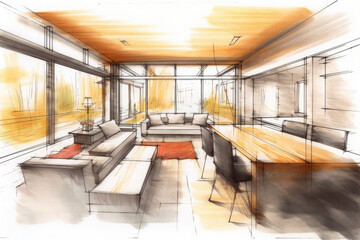 Fototapeta na wymiar Detail focused hand drawn sketch of the interior of a sleek modern home. Generative AI