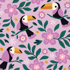 Vector seamless pattern with cute toucan and botanical elements. Hand drawn illustration with cartoon style for print, fabric, textile. - obrazy, fototapety, plakaty