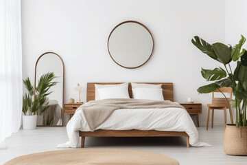 Minimalist bedroom interior design with king bed, plants, frames and mirror. Generative AI