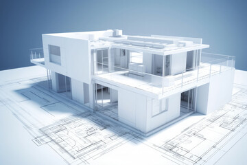 Fototapeta na wymiar Building project plan. Blueprint of a modern house with 3d model. Generative AI