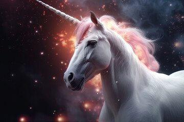 The unicorn with a pink mane and tail in a magical space. Generative AI