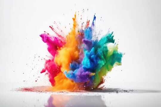 Colorful Rainbow Holi Paint Color Powder Explosion On White Background. Generative AI