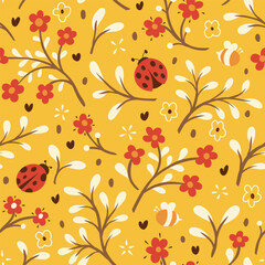 Vector hand drawn leaves seamless pattern. Abstract trendy floral background with ladybug. Repeatable texture. © daniela