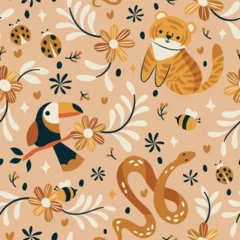 Gardinen Kinderzimmer Muster  Vector seamless pattern with cute animal and botanical elements. Hand drawn illustration with cartoon style for print, fabric, textile.  © daniela iga